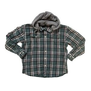 American Eagle Men's LG Flannel Hoodie Shirt Green Plaid Button Front Hooded Y2K